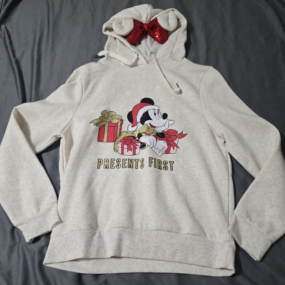 Disney Mickey Mouse Presents First Holiday Hoodie Size XS Bow Hood Cream And Red